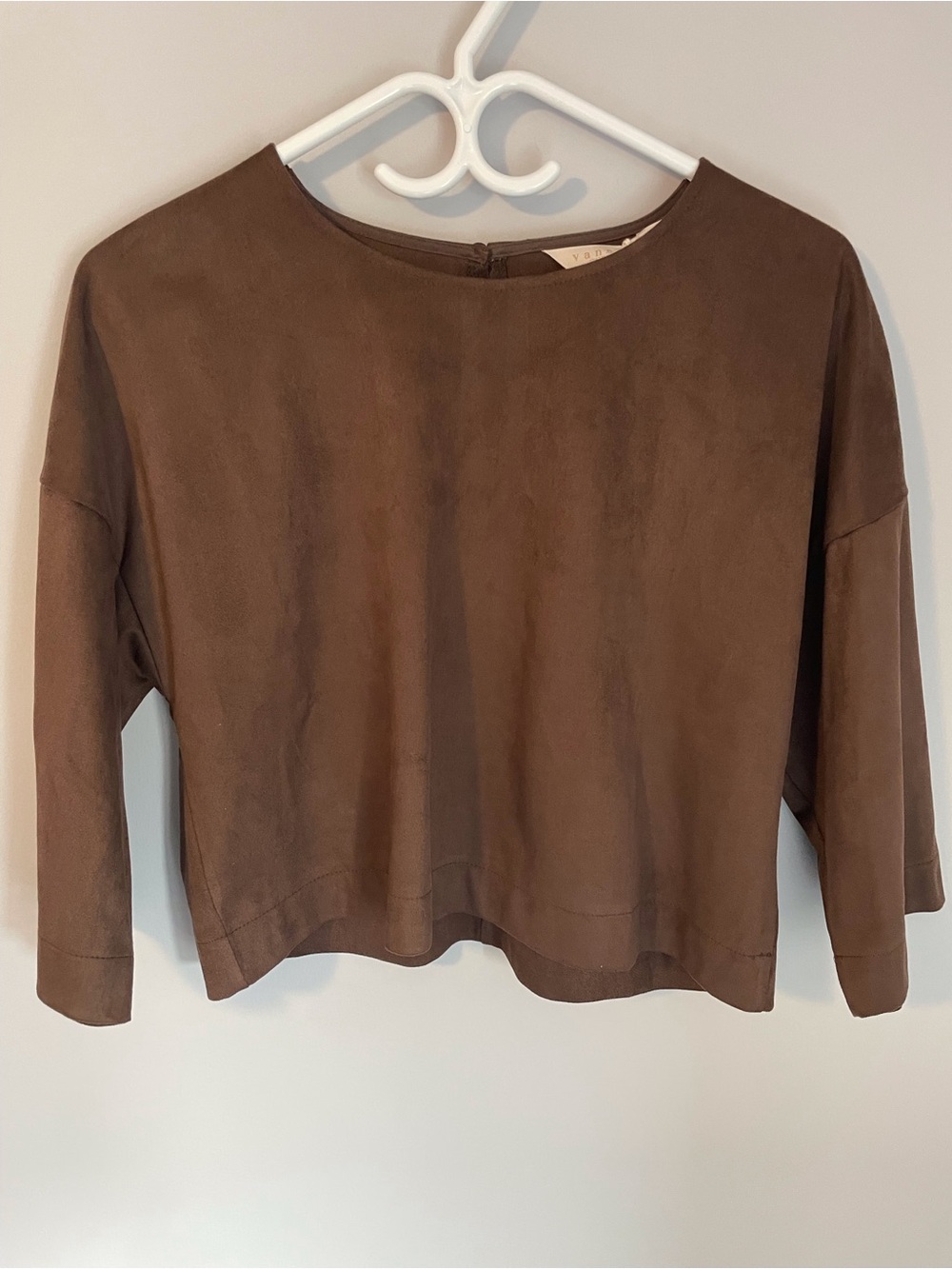 Women's Junior Faux Suede Brown Boxy Long-Sleeve Top